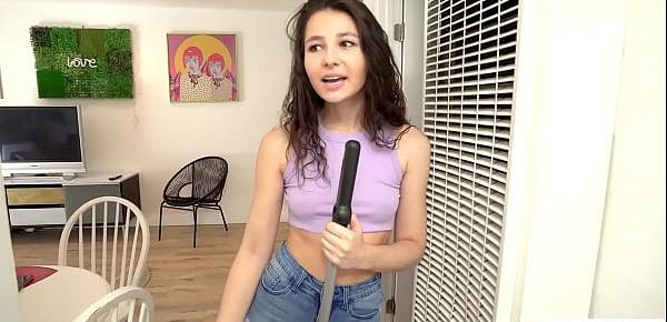 Sexy teen Liz Jordan needs help with cleaning and stepbrothers big dick